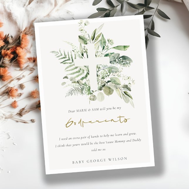 Carte De Remerciements Eucalyptus Fauna Cross Godparents Proposition Invi (Créateur téléchargé)