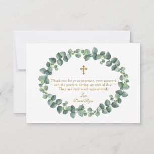 Carte De Remerciements Eucalyptus Foliage Wreath Gold Cross Boy Baptême g