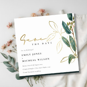 CARTE DE REMERCIEMENTS EUCALYPTUS GREEN GOLD FOLIAGE ENREGISTRER LA DATE