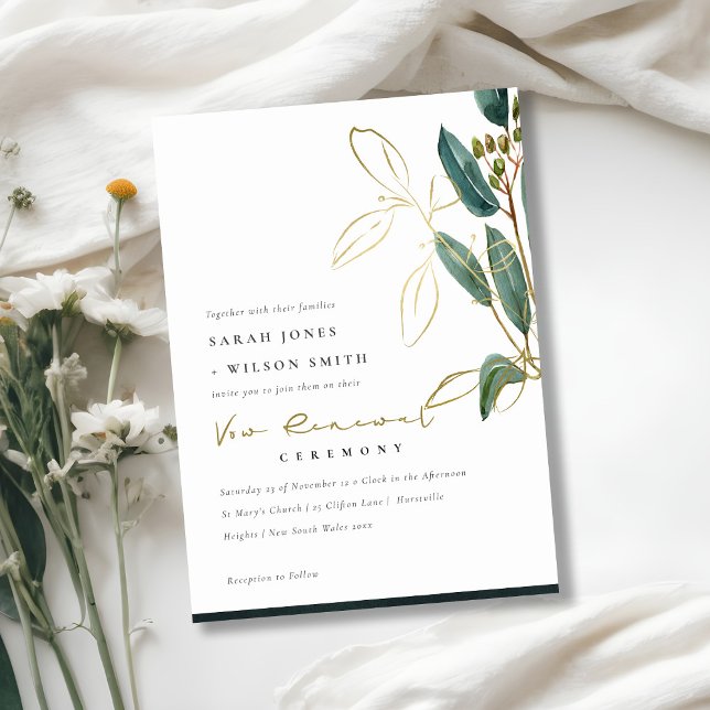 CARTE DE REMERCIEMENTS EUCALYPTUS GREEN GOLD FOLIAGE VOW RENEWAL INVITATI (Créateur téléchargé)