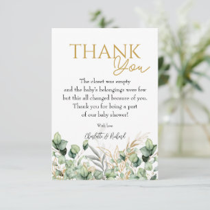Carte De Remerciements Eucalyptus Green Leaf vert & Baby shower or