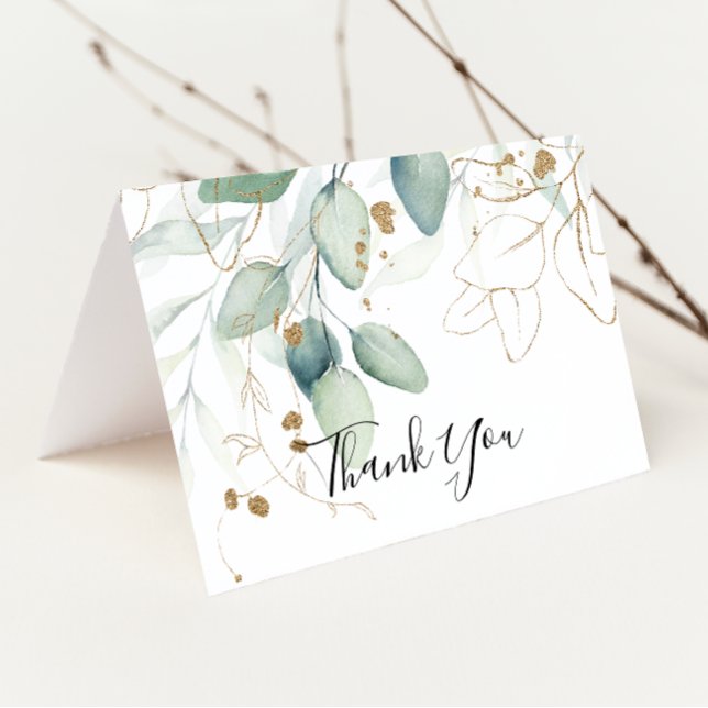 Carte De Remerciements Eucalyptus Or Calligraphie Mariage plié (Créateur téléchargé)
