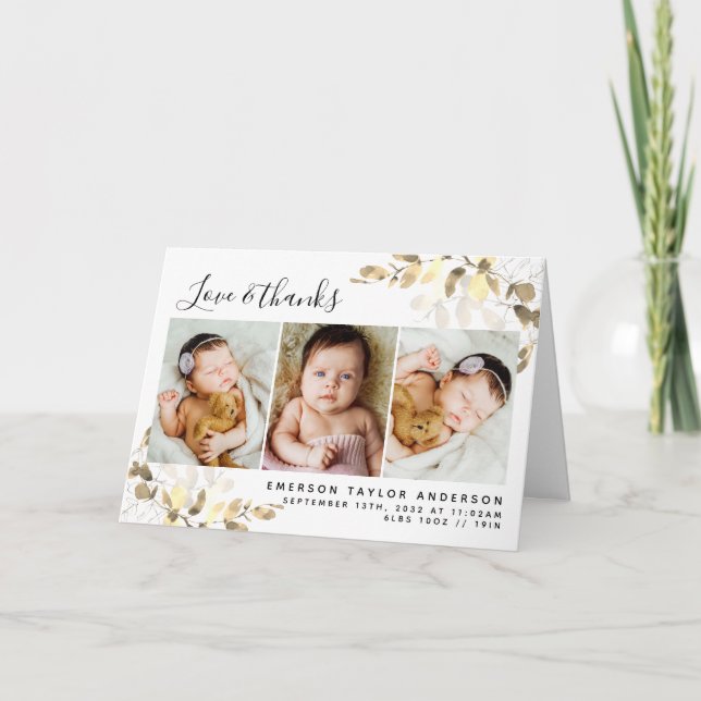 Carte De Remerciements Eucalyptus Photo Bébé Statistiques de naissance re (Devant)