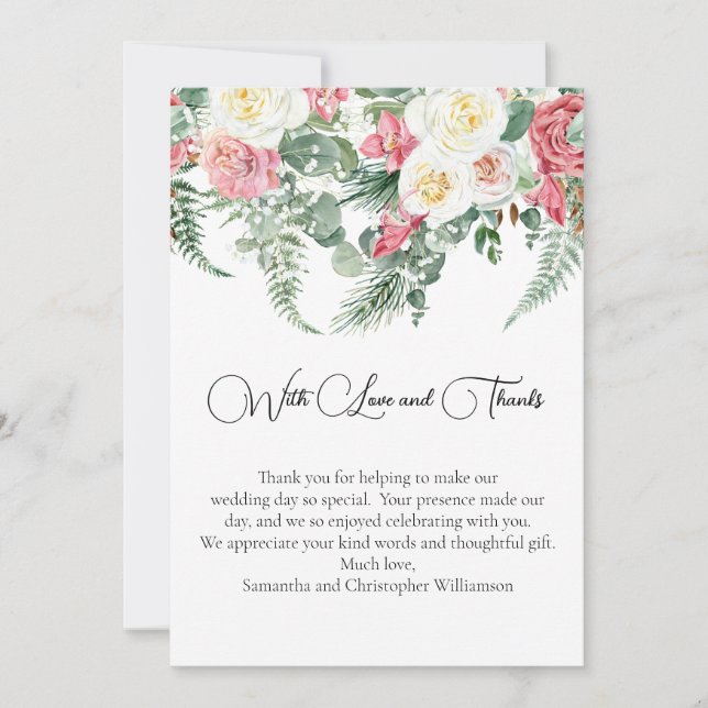 Carte De Remerciements Eucalyptus rose Roses Blanches Mariage Floral (Devant)