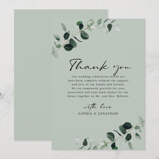 Carte De Remerciements Eucalyptus Verdure Mariage de calligraphie moderne (Devant / Derrière)