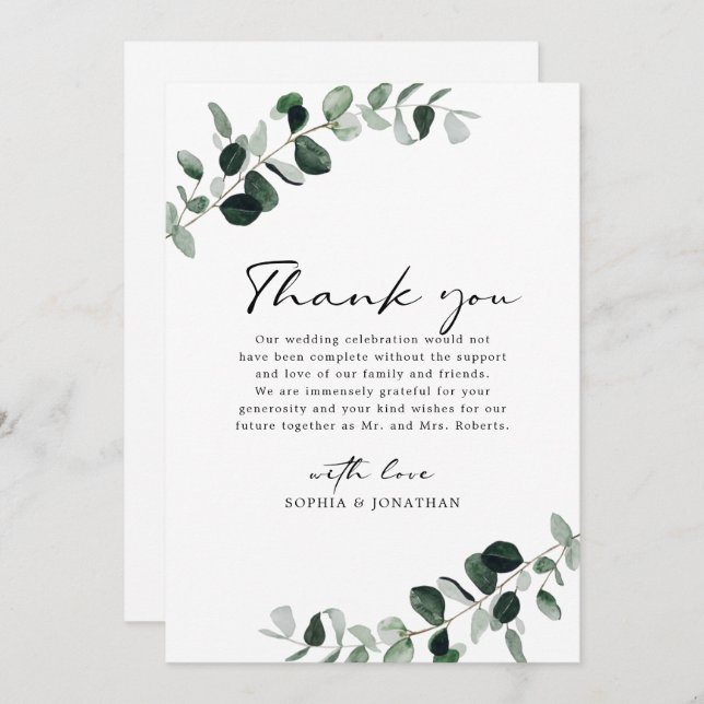 Carte De Remerciements Eucalyptus Verdure Mariage de calligraphie moderne (Devant / Derrière)