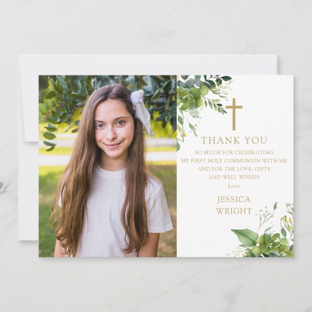 Carte De Remerciements Eucalyptus Verdure Photo Première Communion Sainte (Devant)