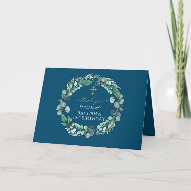 Carte De Remerciements Eucalyptus Wreath Photo Boy Baptême Premier Annive (Devant)
