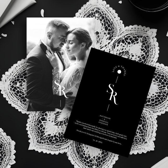 Carte De Remerciements Exquisite Chic Minimalist Black Wedding Initials (Exquisite Chic Minimalist Black & White Wedding Initials Photo Thank You Card with Envelope.)