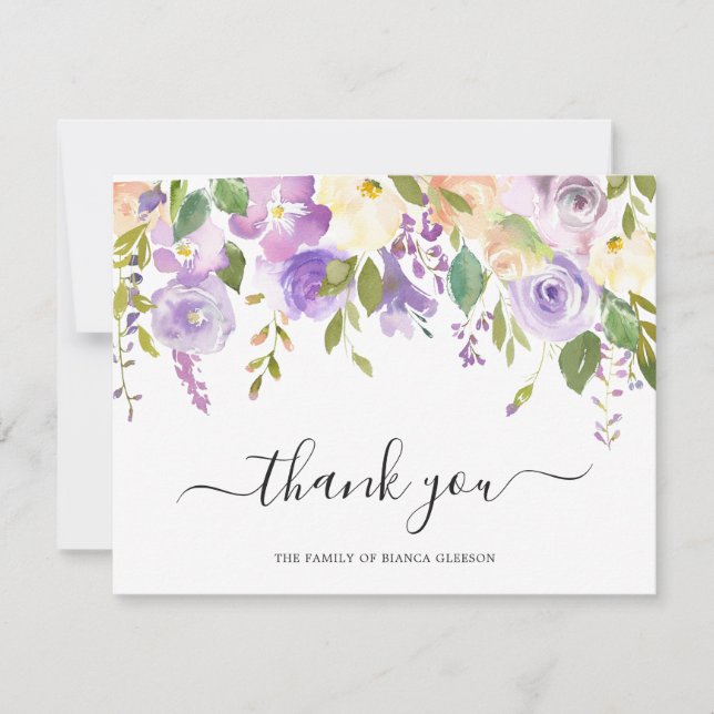 Carte De Remerciements Faire Aquarelle Fleurs Violettes Obsèques Sympathi (Devant)
