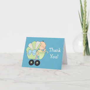 Carte De Remerciements Faisceau de Joie Baby Shower+Cute Baby Buggy/Bleu