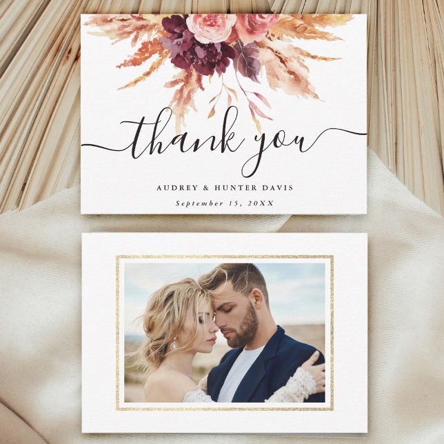 Carte De Remerciements Fall Burgundy Terracotta Floral Mariage Photo (Front & Back)
