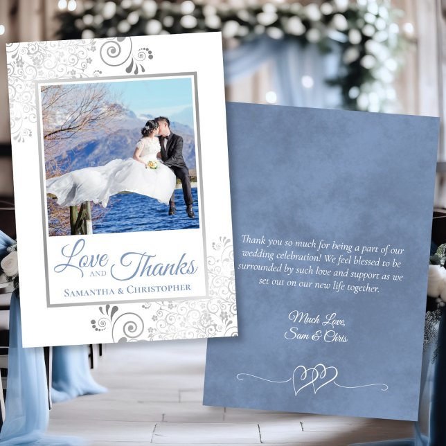 Carte De Remerciements Fancy Dusty Blue Love Thanks Photo & Note Mariage (Front/Back)