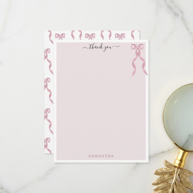 Carte De Remerciements Fancy Pink Bow thème Girls Stationery personnalisé (Devant/Arrière en situation)