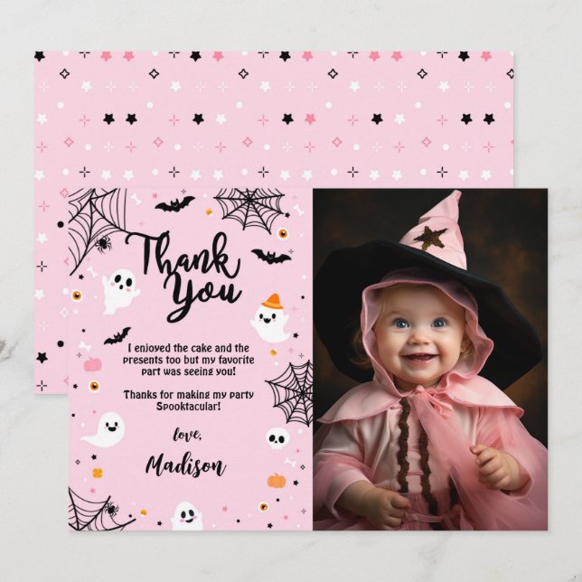 Carte de remerciements fantôme d'Halloween rose av (Devant / Derrière)