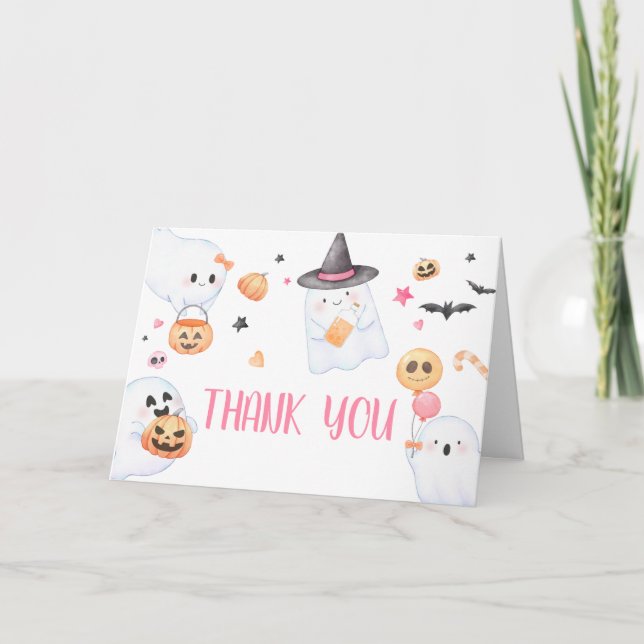 Carte De Remerciements Fantôme rose Halloween Petit Baby shower Boo (Devant)