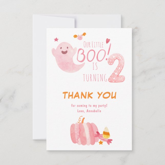 Carte De Remerciements Fantôme rose Petites filles Boo Deuxième anniversa (Devant)