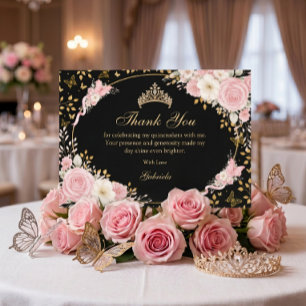 Carte De Remerciements Fard à joues noir et or Rose Quinceañera Papillon