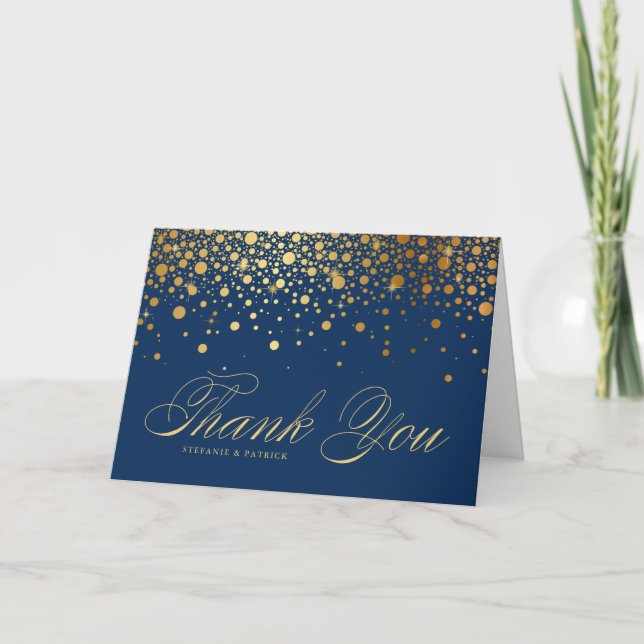 Carte De Remerciements Faux Gold Foil Confetti Dots Mariage bleu marine (Devant)