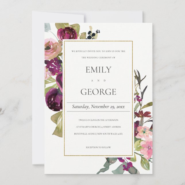 CARTE DE REMERCIEMENTS FAUX GOLD ROSE BURGUNDY ROSE FLORAL MARIAGE INVITE (Devant)
