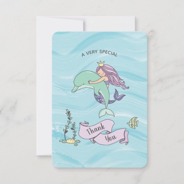Carte De Remerciements Faux sirène pourpre avec dauphin (Devant)