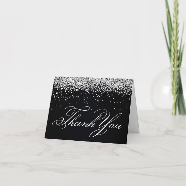 Carte De Remerciements Faux Sparkly Silver Parties scintillant Noir (Devant)