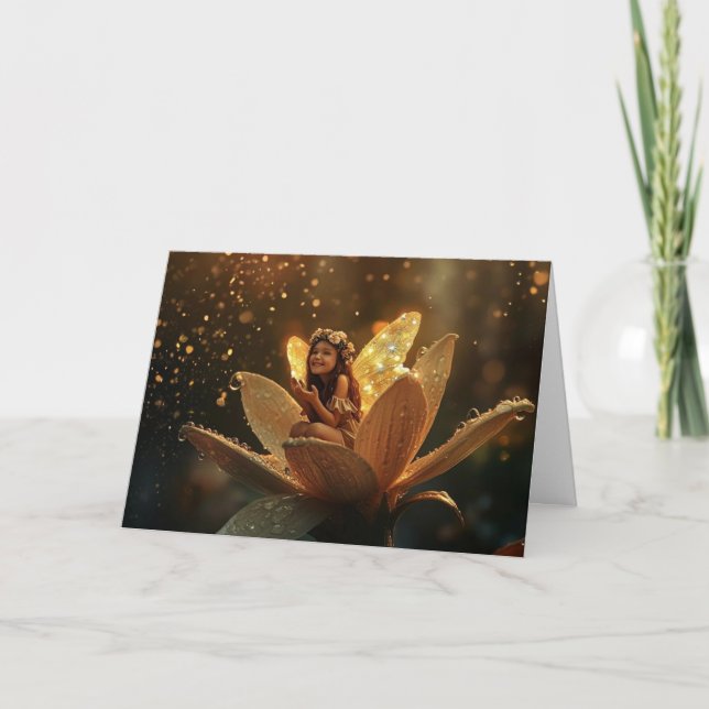 Carte De Remerciements Fée souriante dans une fleur, pluie de printemps (Devant)