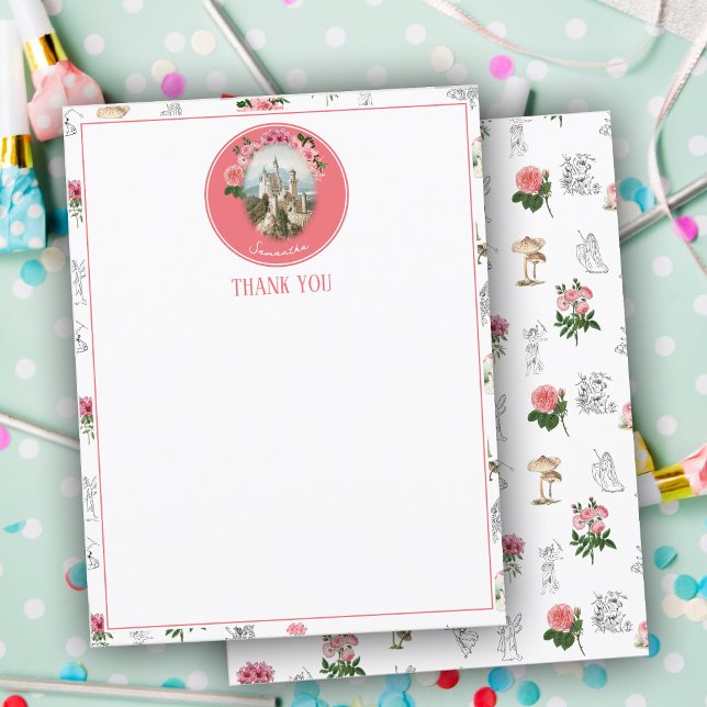 Carte De Remerciements Fées Rose Floral Champignons Fée Château Monogramm (Fairies Pink Floral Mushroom Fairy Castle Monogram Thank You Card)