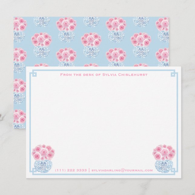 Carte De Remerciements Féminin Rose Bleu Double Bonheur Chinoiserie (Devant / Derrière)