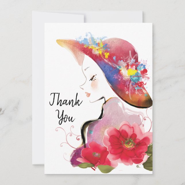 Carte De Remerciements Femme en Casquette Floral Aquarelle (Devant)