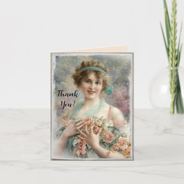 Carte De Remerciements Femme victorienne avec Rose sur Arrière - plan aqu (Devant)