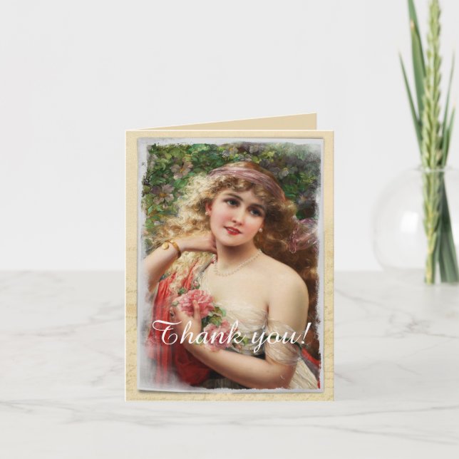 Carte De Remerciements Femme victorienne avec roses roses (Devant)