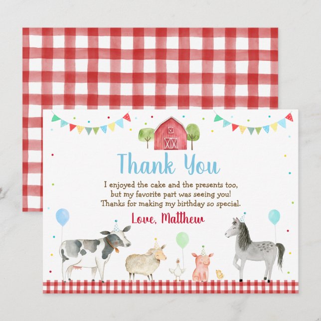 Carte De Remerciements Ferme Barnyard Animaux de ferme Anniversaire (Devant / Derrière)