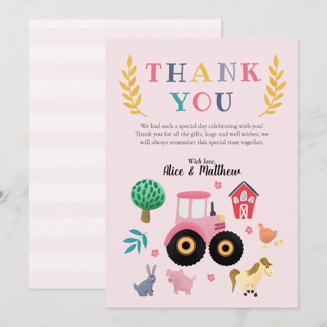 Carte De Remerciements Ferme d'animaux pour filles Tracteur rose Annivers (Devant / Derrière)