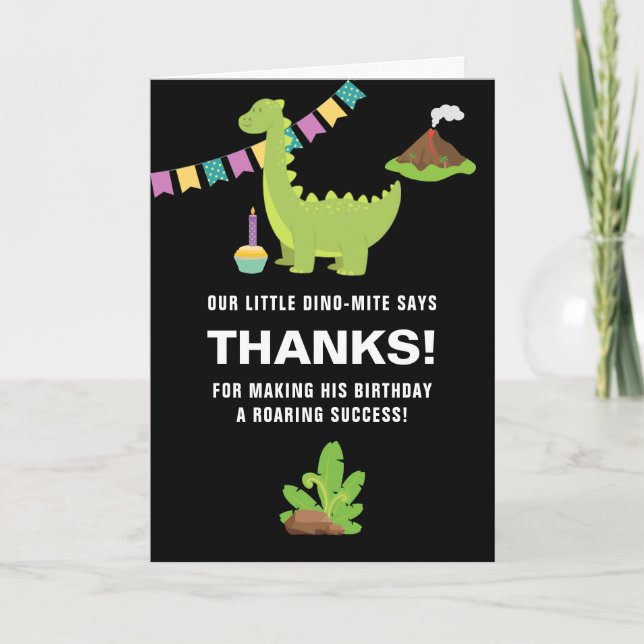 Carte De Remerciements Fête à thème Dinosaure 1er Anniversaire noir et bl (Devant)