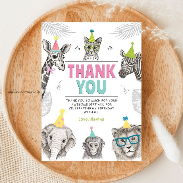 Carte De Remerciements Fête Animaux | Anniversaire d'Animal Sauvage (Animals Party | Wild Animal Birthday Thank You Card )