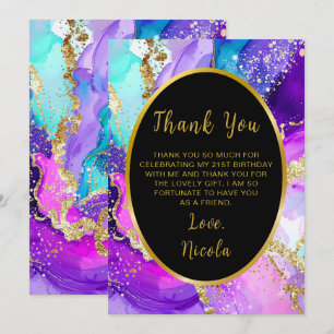 Carte De Remerciements Fête d'anniversaire à l'encre bleue, violette et d