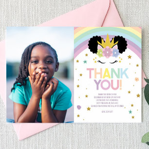Carte De Remerciements Fête d'anniversaire Afro Puff Licorne et Arc-en-ci