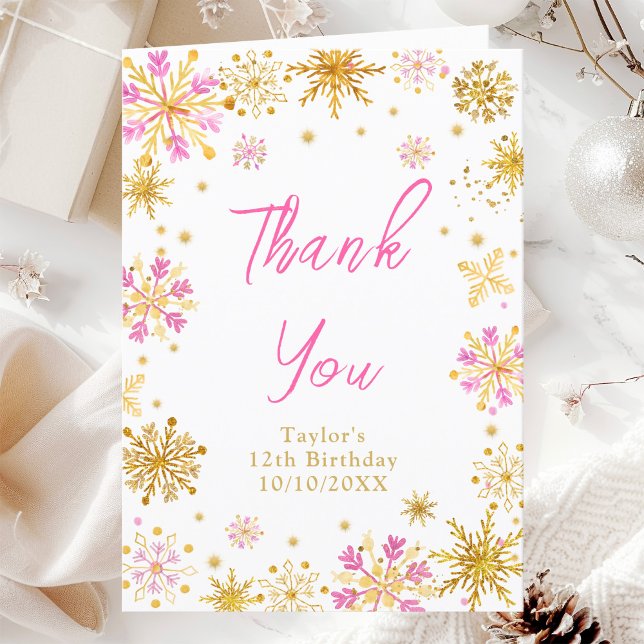 Carte De Remerciements Fête d'anniversaire aux flocons de neige rose et o (Créateur téléchargé)