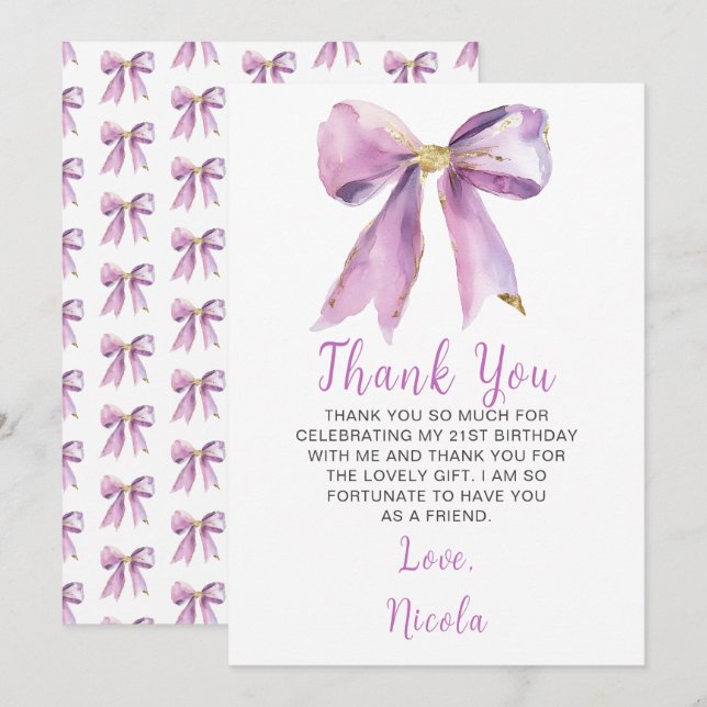 Carte De Remerciements Fête d'anniversaire avec un nœud coquet violet (Devant / Derrière)