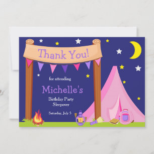 Carte De Remerciements Fête d'anniversaire Camping Pyjama Rose et Violet