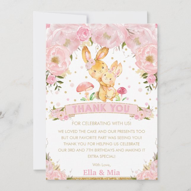 Carte De Remerciements Fête d'anniversaire conjointe de lapin de fille au (Devant)