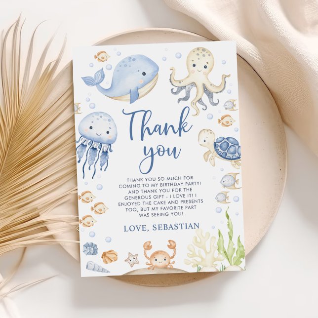 Carte De Remerciements Fête d'anniversaire d'animaux de l'océan sous la m (Créateur téléchargé)