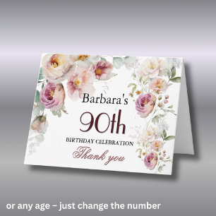 Carte De Remerciements Fête d'anniversaire de 90 ans avec fleurs aquarell