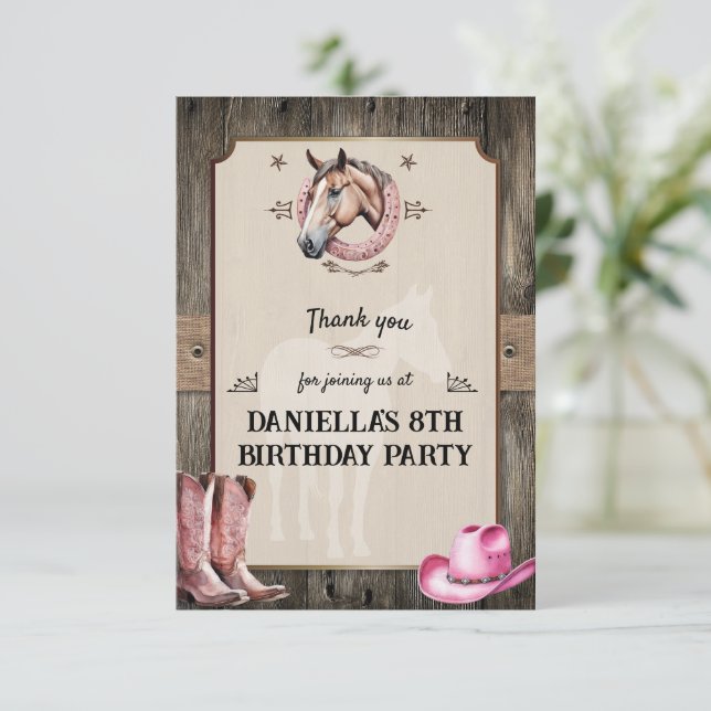 Carte De Remerciements Fête d'anniversaire de cheval à cheval Rose Rustiq (Debout devant)