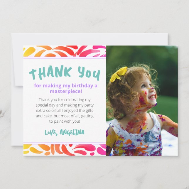 Carte De Remerciements Fête d'anniversaire de fille de peinture d'art col (Devant)