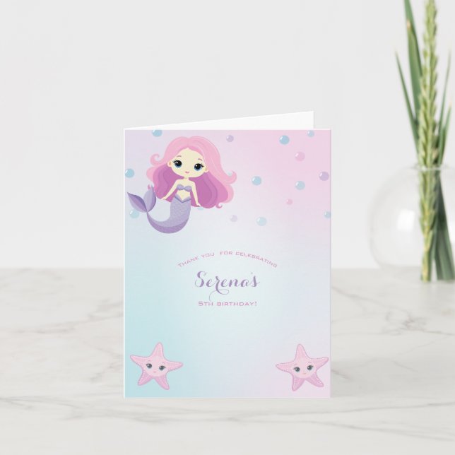 Carte De Remerciements Fête d'anniversaire de fille sirène mignonne (Devant)