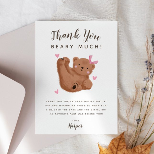 Carte De Remerciements Fête d'anniversaire de la fille de l'ours (Créateur téléchargé)