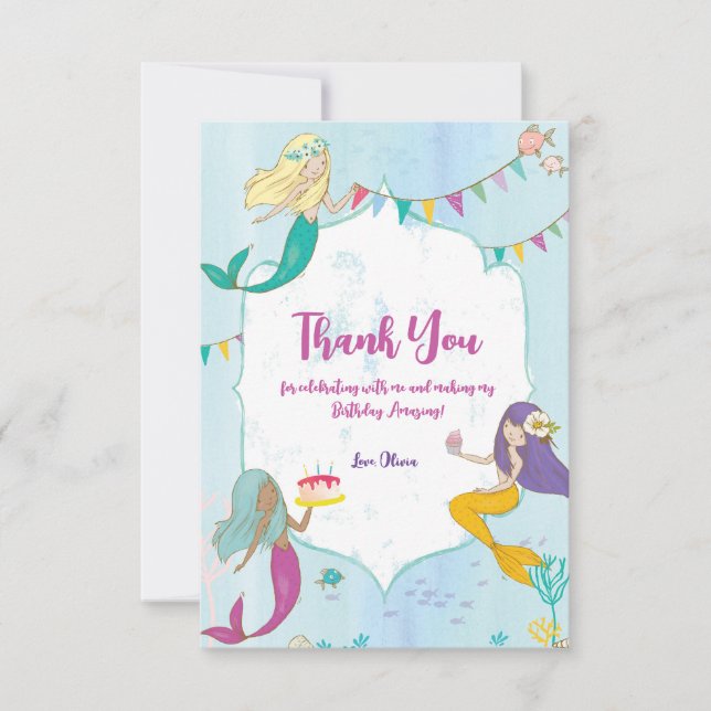 Carte De Remerciements Fête d'anniversaire de la sirène (Devant)