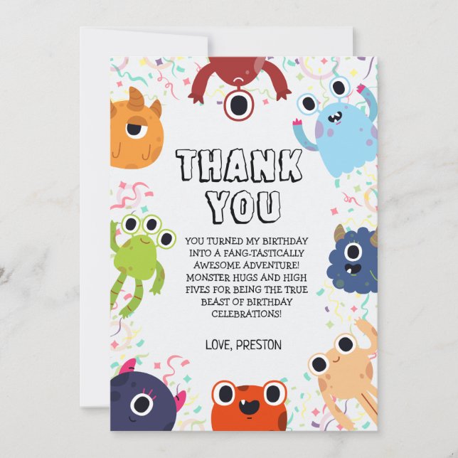 Carte De Remerciements Fête d'anniversaire de Little Monster pour tous le (Devant)